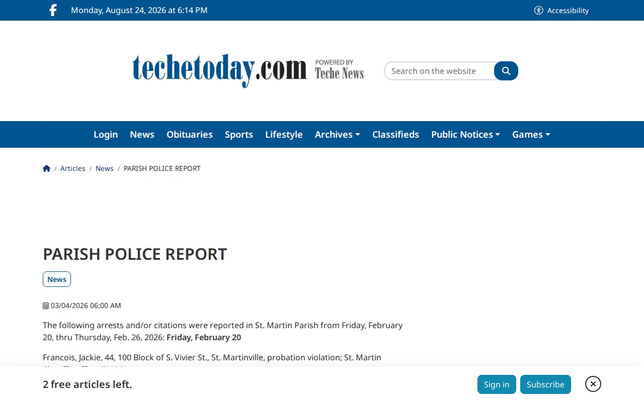 Teche News St. Martin Parish arrest report